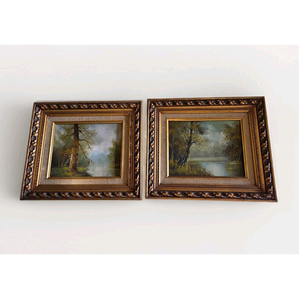 Framed Realism Landscape Canvas Painting Set of 2, Lake & Trees Nature Scene VTG